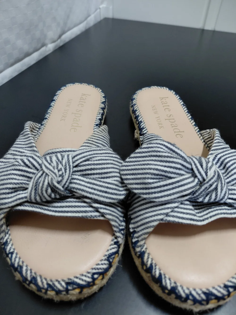 kate spade Womens Navy Stripe Knot Slide Sandals